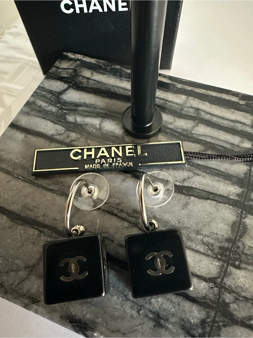 CHANEL 2003 03A Black Resin CC Cube Dice Hoop Drop Earrings